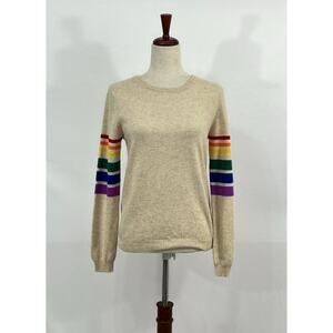 JUMPER 1234 1 XS Beige 100% Cashmere Rainbow Striped Sleeves Crew Neck Sweater